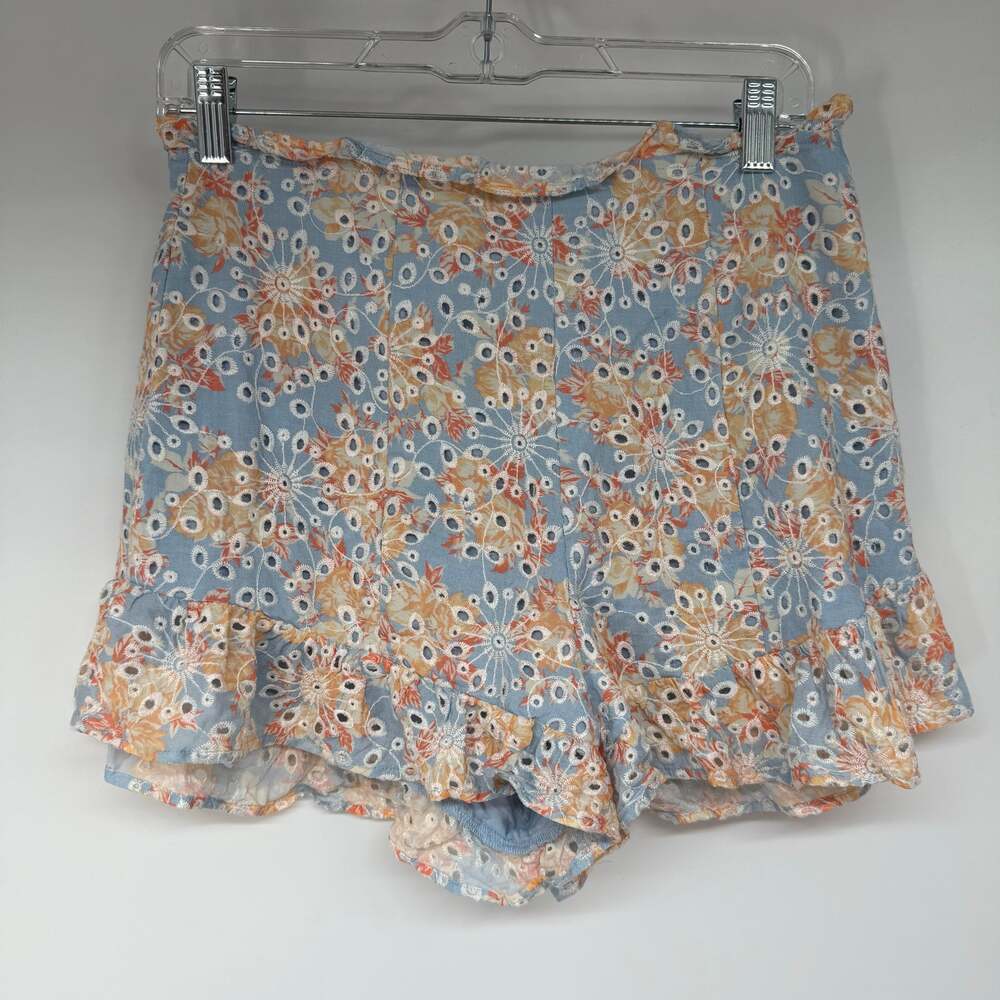 Lovers + Friends Eyelette Shorts Women's Blue Orange Sze S Floral Ruffle Trim